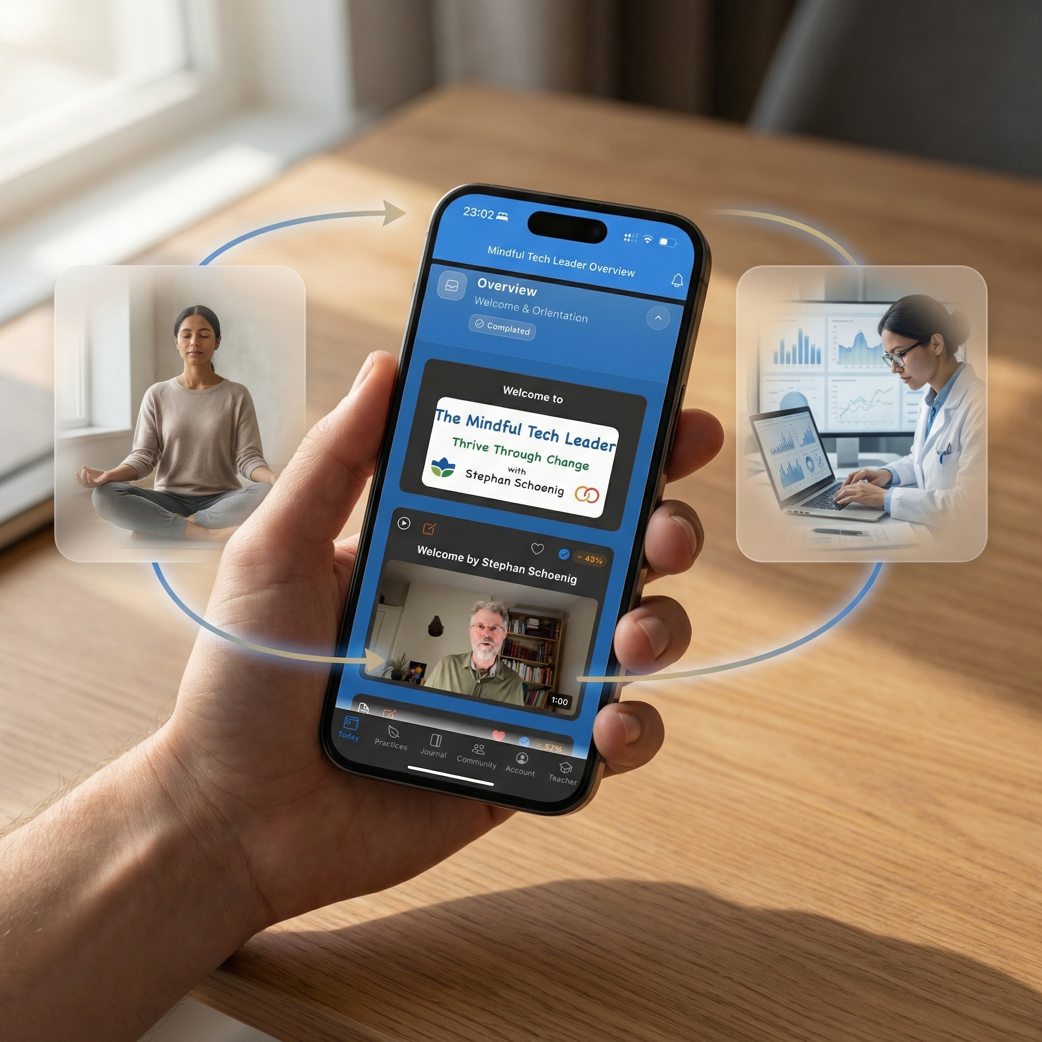 Hand holding a phone displaying the Mindful Brian app, with a person practising meditation on the left and a researcher analysing data on the right, connected by flowing arrows representing the continuous improvement loop